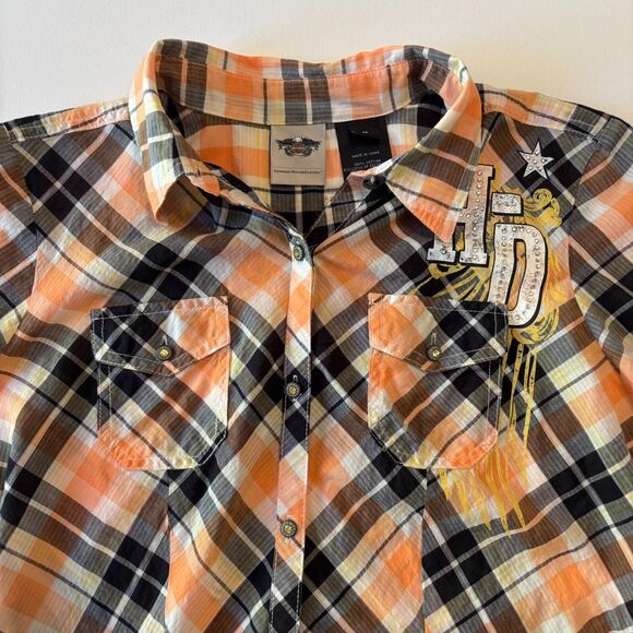 Harley Davidson Button Up Shirt Womens M Orange Plaid Rhinestone Angel Back Logo - Picture 11 of 16